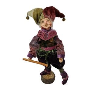 Folk Art Woodland Elf With Flute Figurine Bell Hat Wood Base